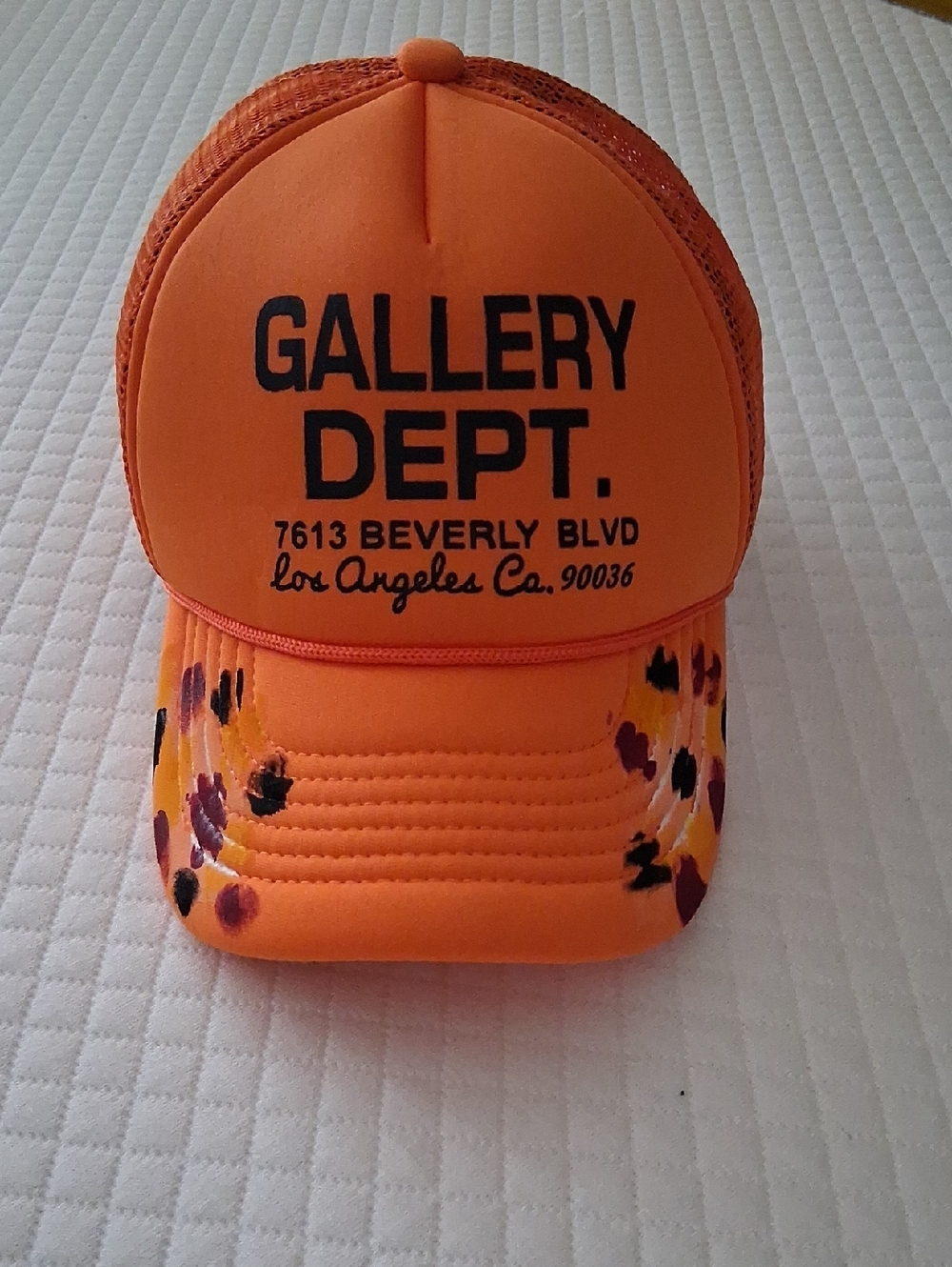 Gallery Dept Orange Mesh Trucker Hat with Multicolor Paint Splatters